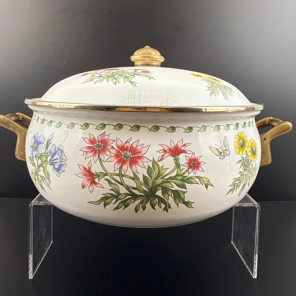 Vintage Regency Club Enamel Dutch Oven Floral Butterfly Brass Handles 10